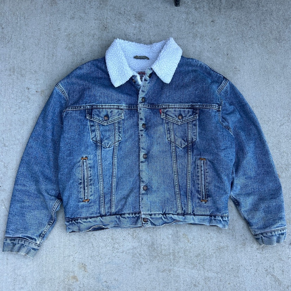 Levi's Sherpa Lined Denim Trucker Jacket XL Blue Vintage 90s Streetwear
